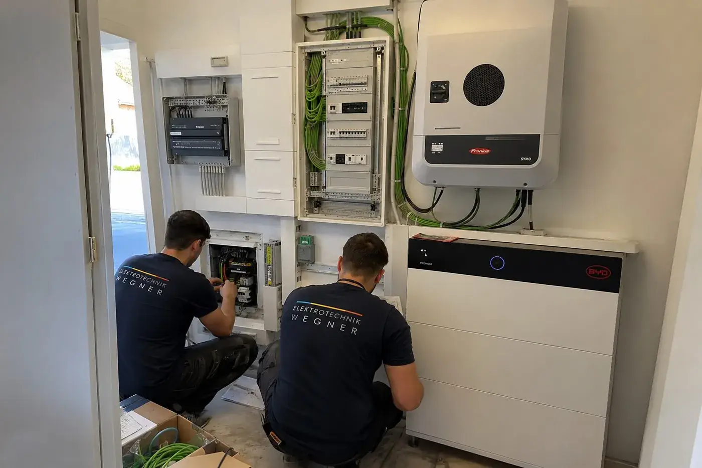 Zwei Elektroniker bei der Installation von Zählerschrank, Wechselrichter und Batteriespeicher – unbearbeitete Baustellenaufnahme